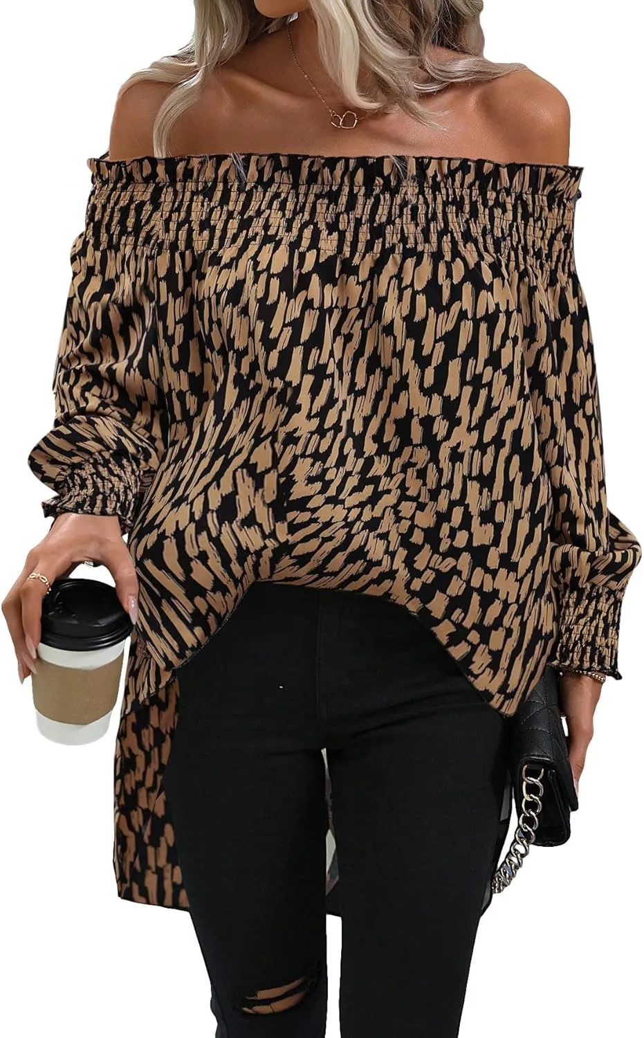 OYOANGLE Women's Off Shoulder High Low Tunic Tops Allover Print Long Puff Sleeve Blouse