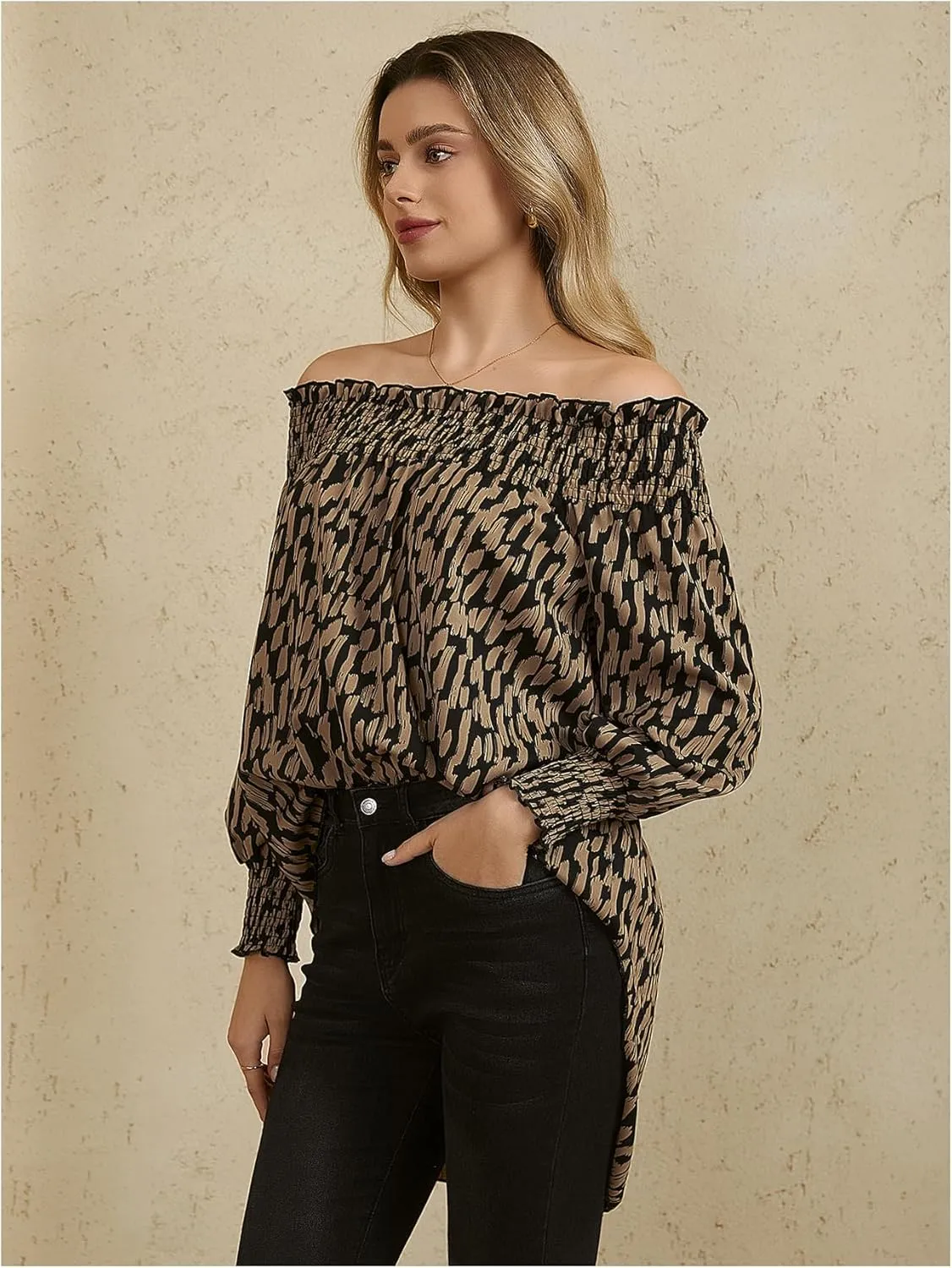 OYOANGLE Women's Off Shoulder High Low Tunic Tops Allover Print Long Puff Sleeve Blouse