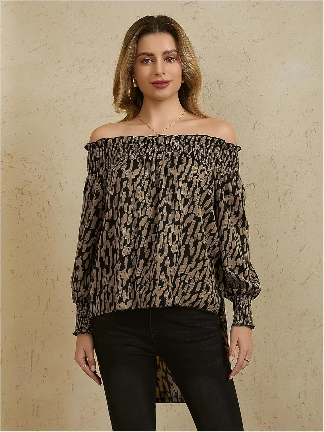 OYOANGLE Women's Off Shoulder High Low Tunic Tops Allover Print Long Puff Sleeve Blouse