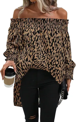OYOANGLE Women's Off Shoulder High Low Tunic Tops Allover Print Long Puff Sleeve Blouse