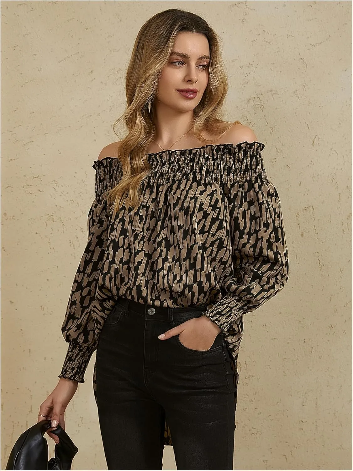 OYOANGLE Women's Off Shoulder High Low Tunic Tops Allover Print Long Puff Sleeve Blouse