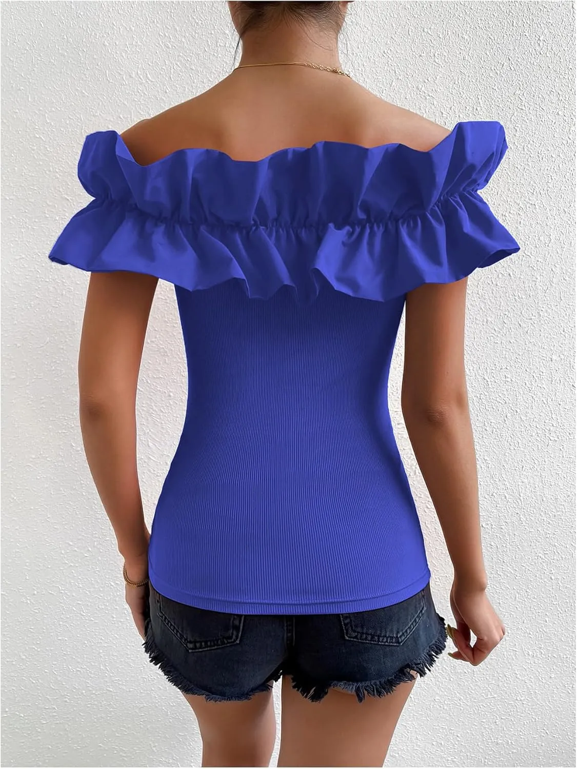 OYOANGLE Women's Ruffle Trim Off Shoulder Short Sleeve Blouse Party Tops Shirt