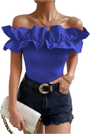 OYOANGLE Women's Ruffle Trim Off Shoulder Short Sleeve Blouse Party Tops Shirt