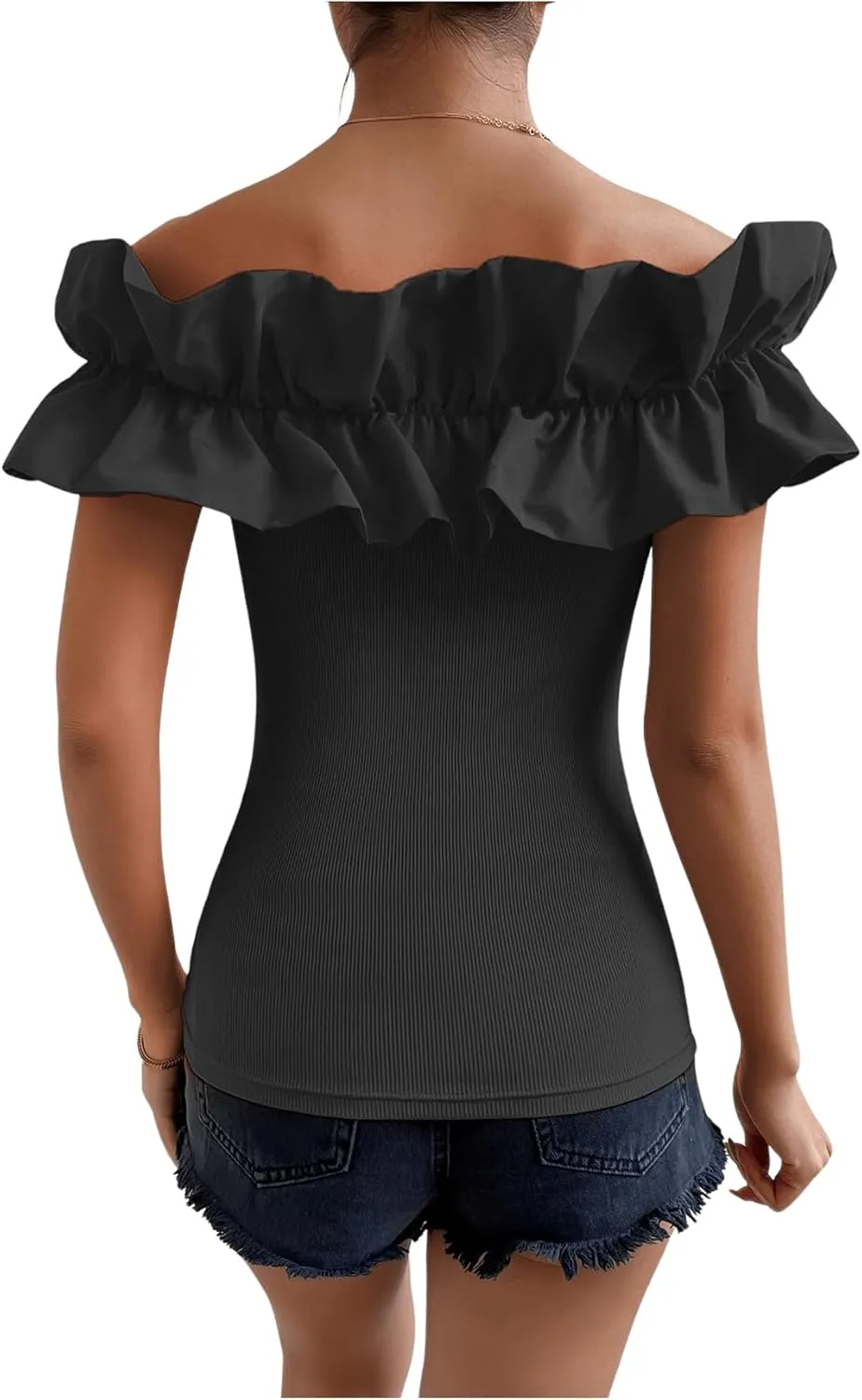 OYOANGLE Women's Ruffle Trim Off Shoulder Short Sleeve Blouse Party Tops Shirt
