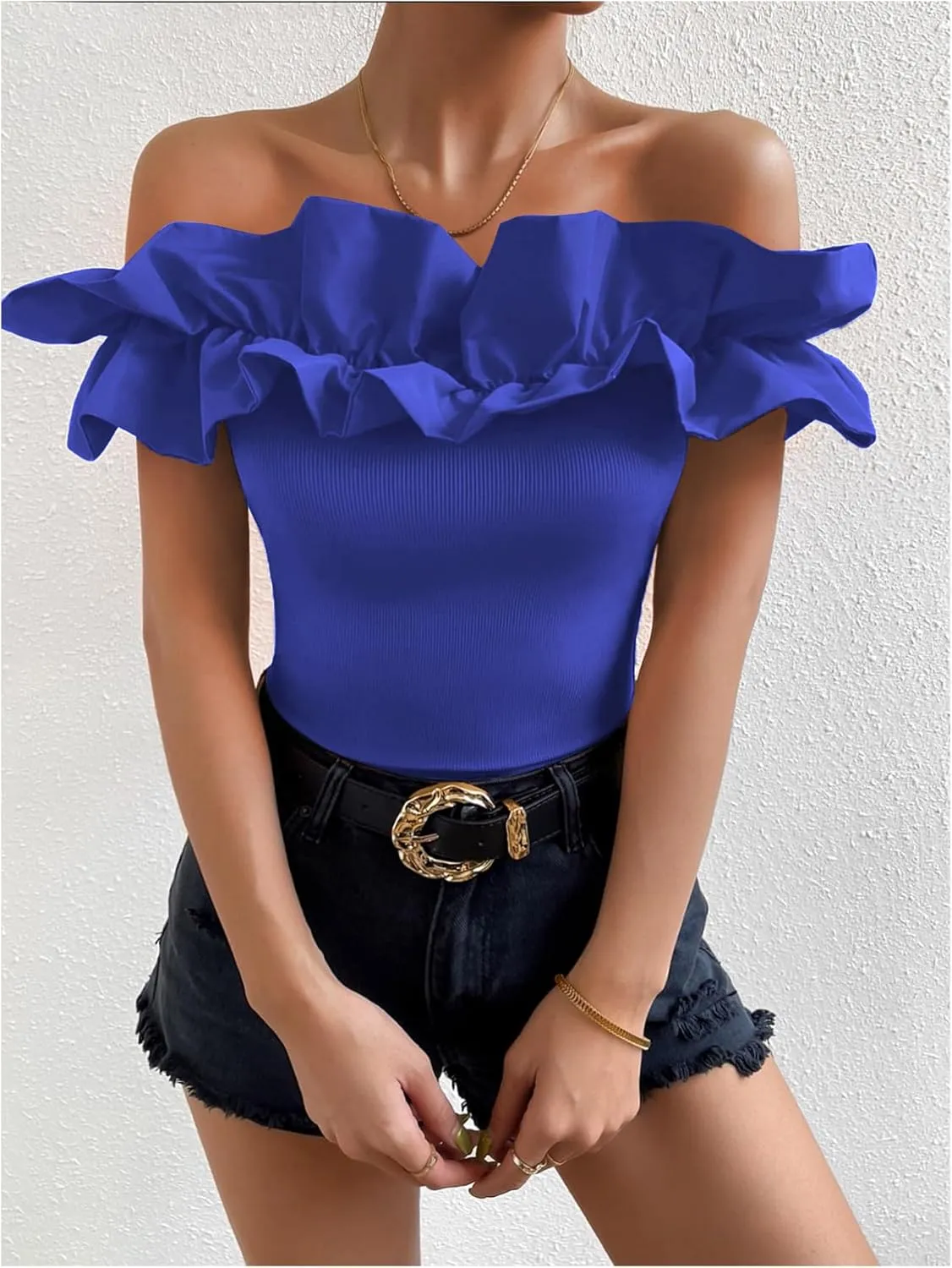OYOANGLE Women's Ruffle Trim Off Shoulder Short Sleeve Blouse Party Tops Shirt