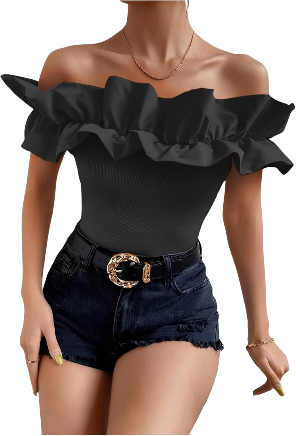 OYOANGLE Women's Ruffle Trim Off Shoulder Short Sleeve Blouse Party Tops Shirt