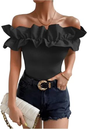 OYOANGLE Women's Ruffle Trim Off Shoulder Short Sleeve Blouse Party Tops Shirt