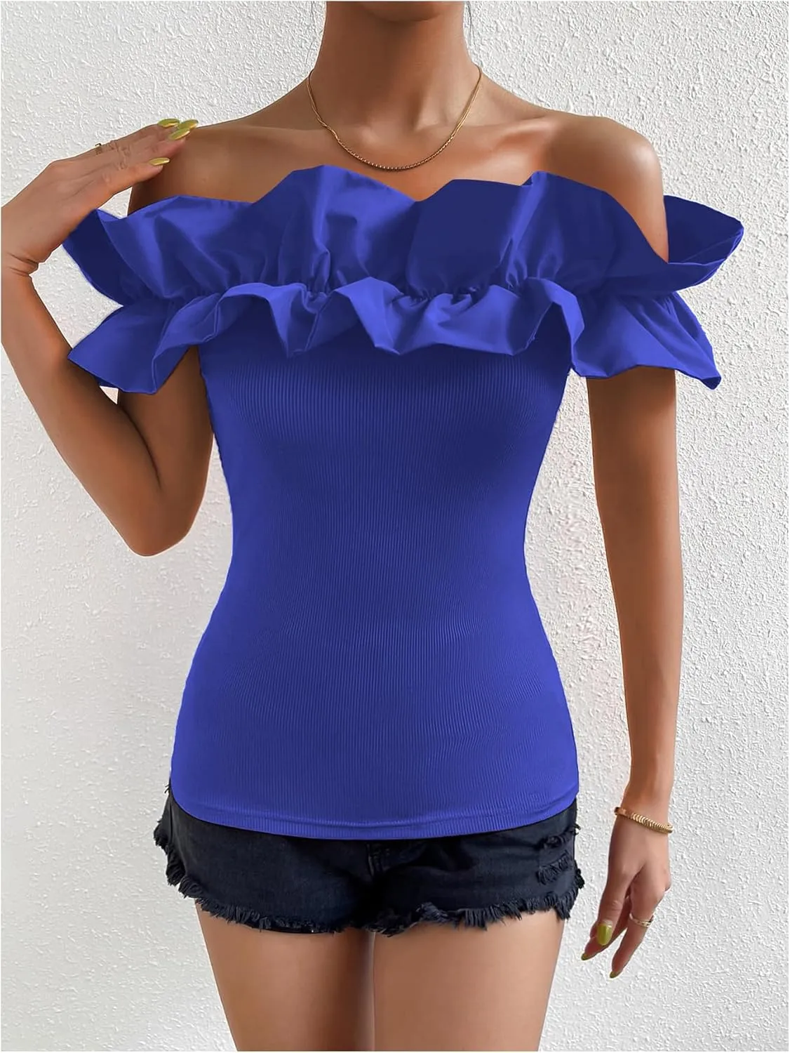 OYOANGLE Women's Ruffle Trim Off Shoulder Short Sleeve Blouse Party Tops Shirt