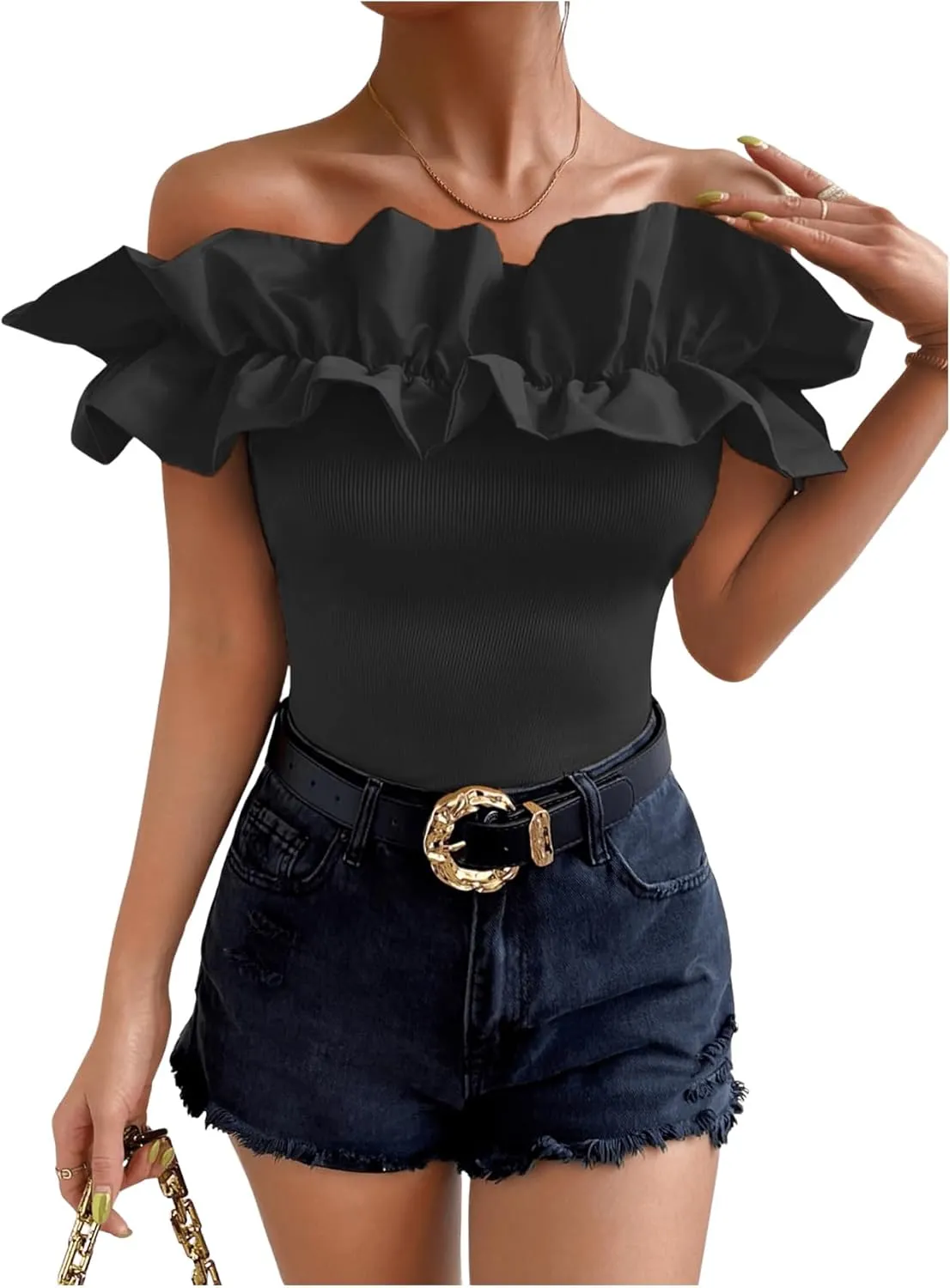 OYOANGLE Women's Ruffle Trim Off Shoulder Short Sleeve Blouse Party Tops Shirt
