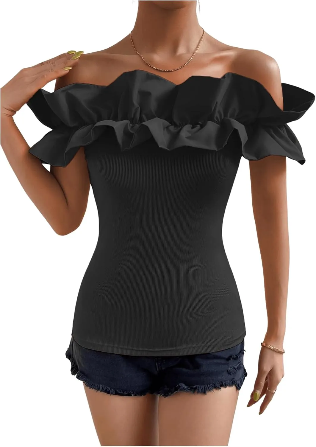 OYOANGLE Women's Ruffle Trim Off Shoulder Short Sleeve Blouse Party Tops Shirt