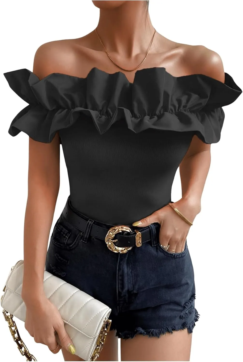 OYOANGLE Women's Ruffle Trim Off Shoulder Short Sleeve Blouse Party Tops Shirt