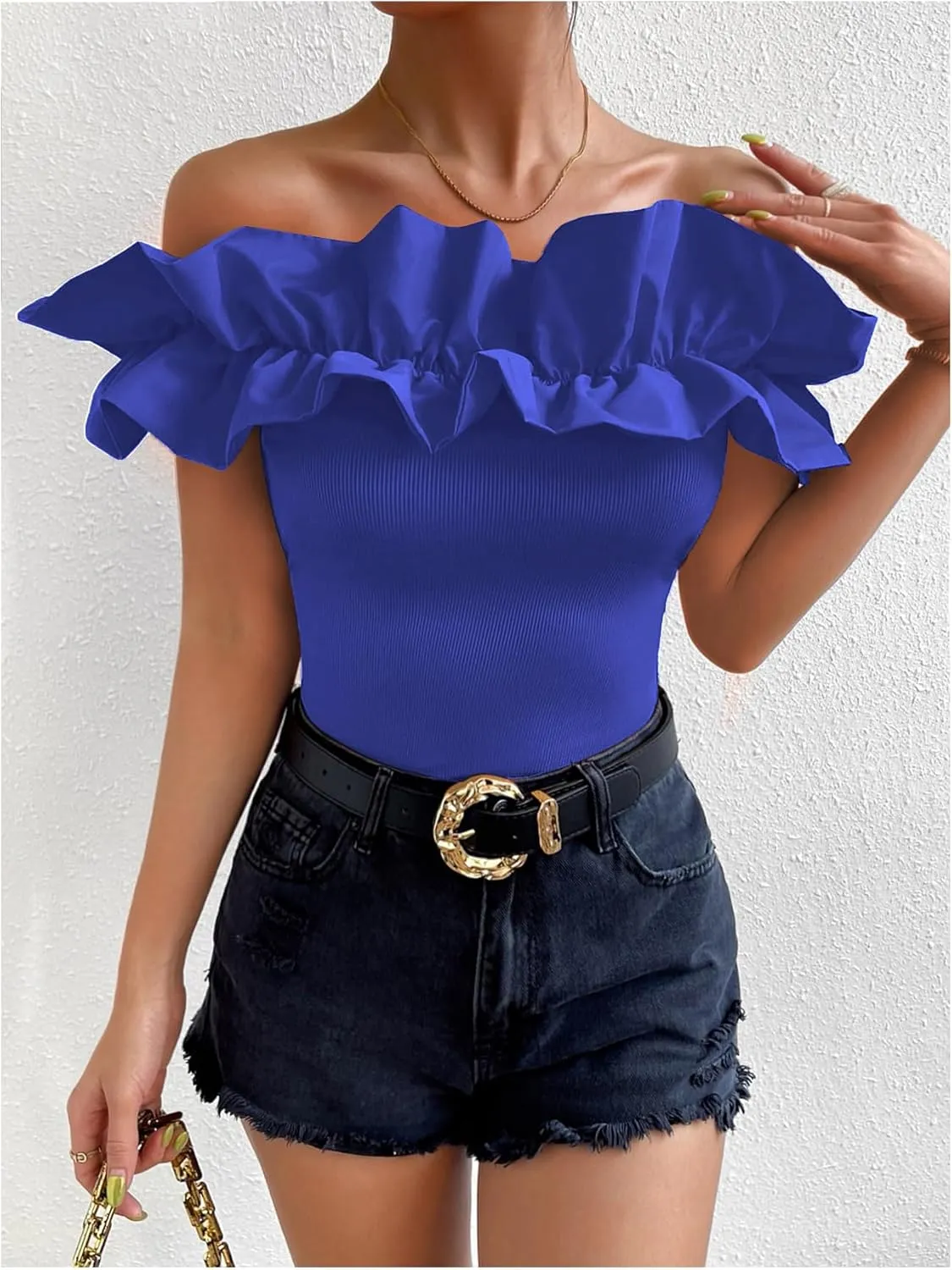 OYOANGLE Women's Ruffle Trim Off Shoulder Short Sleeve Blouse Party Tops Shirt
