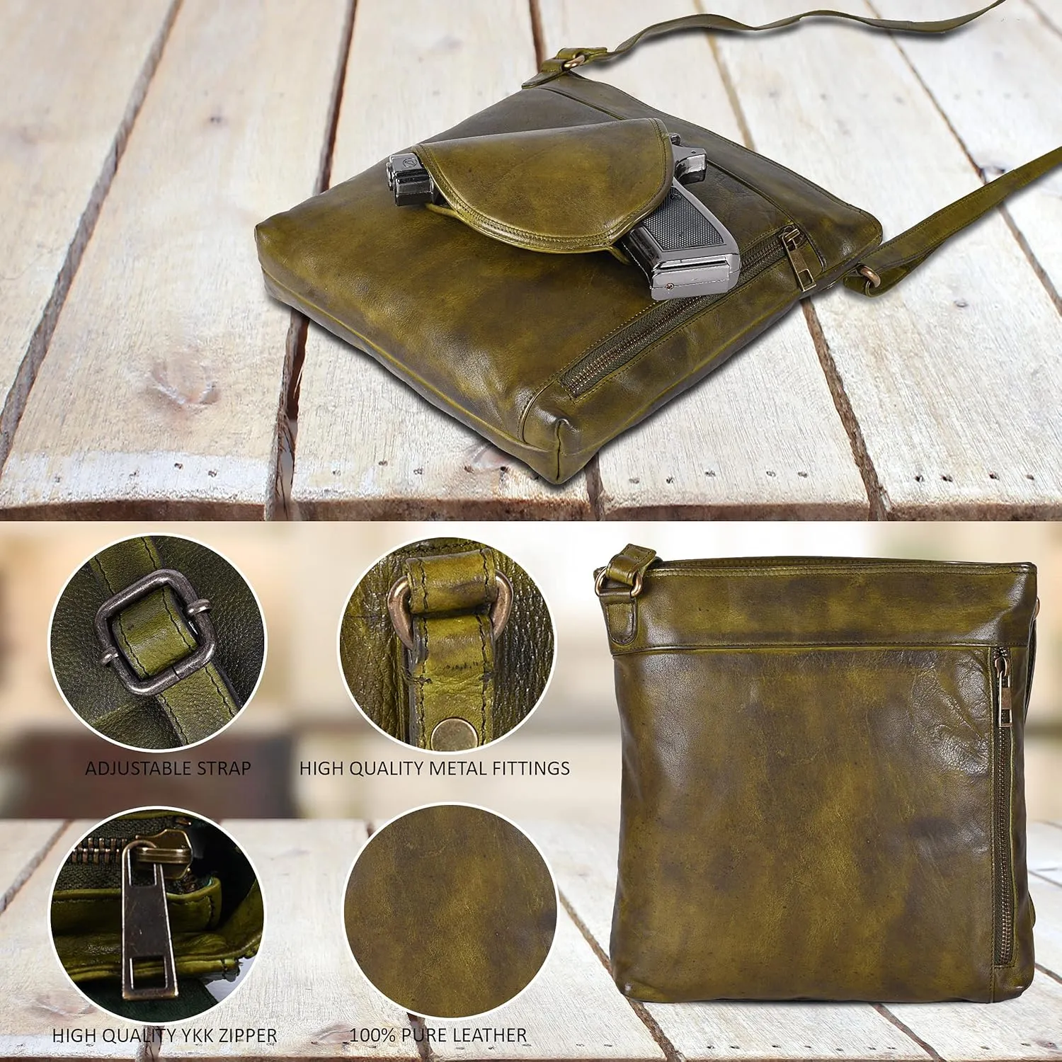 Ozora Multi Pockets Handmade Leather Crossbody Handbags & Sling Bag for Men & Women with Detachable Holster