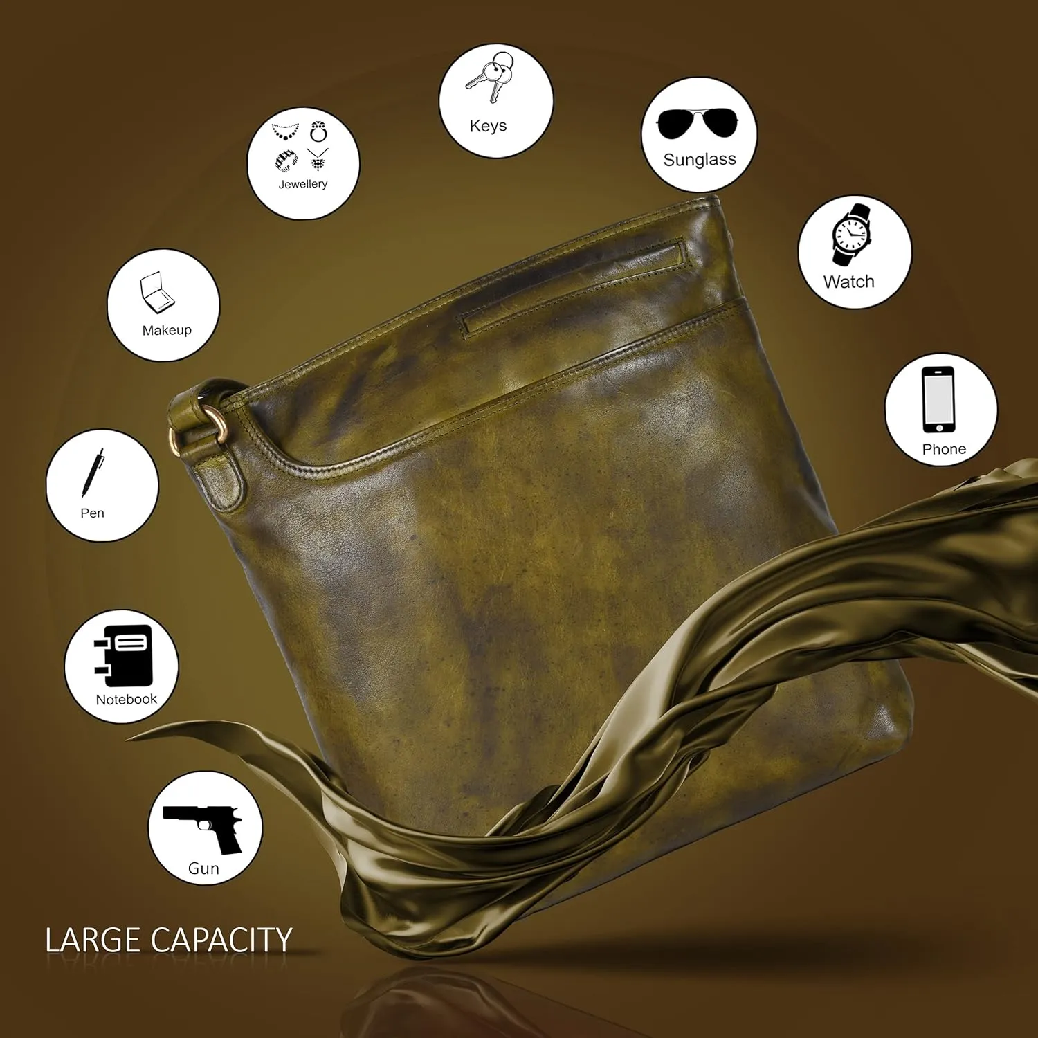 Ozora Multi Pockets Handmade Leather Crossbody Handbags & Sling Bag for Men & Women with Detachable Holster