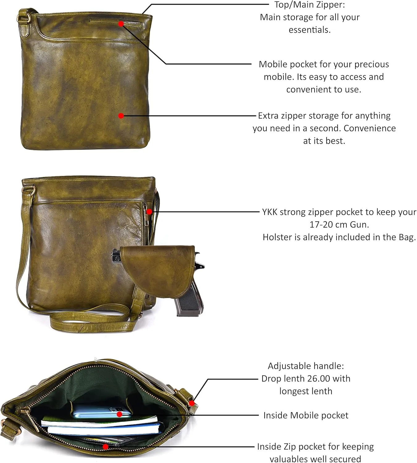 Ozora Multi Pockets Handmade Leather Crossbody Handbags & Sling Bag for Men & Women with Detachable Holster