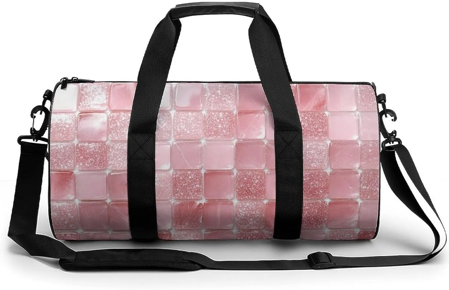 Pale Pink Sparkle Marble Texture Travel Gym Bag for Women Men Cylindrical Duffle Bag Sport Workout Bag with Shoulder Strap