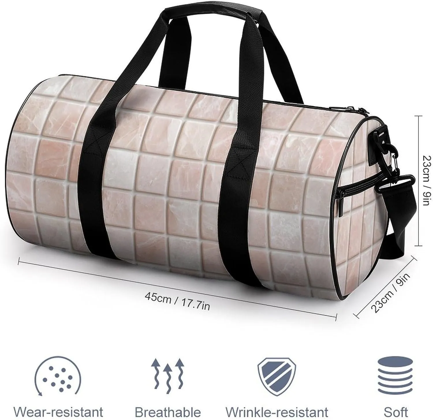 Pale Pink Sparkle Marble Tiles Texture Travel Gym Bag for Women Men Cylindrical Duffle Bag Sport Workout Bag with Shoulder Strap