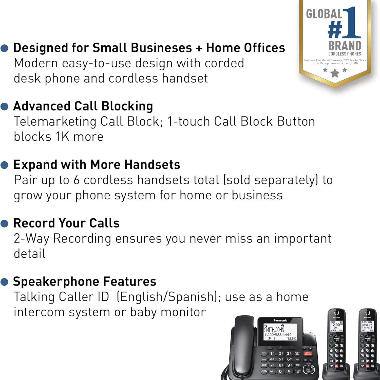 Panasonic Corded/Cordless Phone with Advanced Call Block, 2-Way Recording and Digital Answering Machine, 2 Handsets Expandable up to 6 Cordless Handsets - KX-TGF852B (Black)