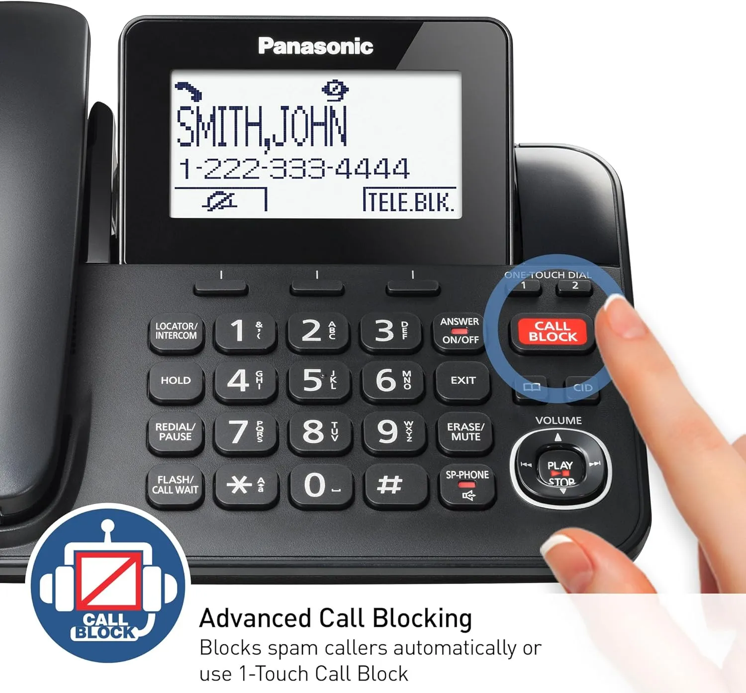 Panasonic Corded/Cordless Phone with Advanced Call Block, 2-Way Recording and Digital Answering Machine, 2 Handsets Expandable up to 6 Cordless Handsets - KX-TGF852B (Black)