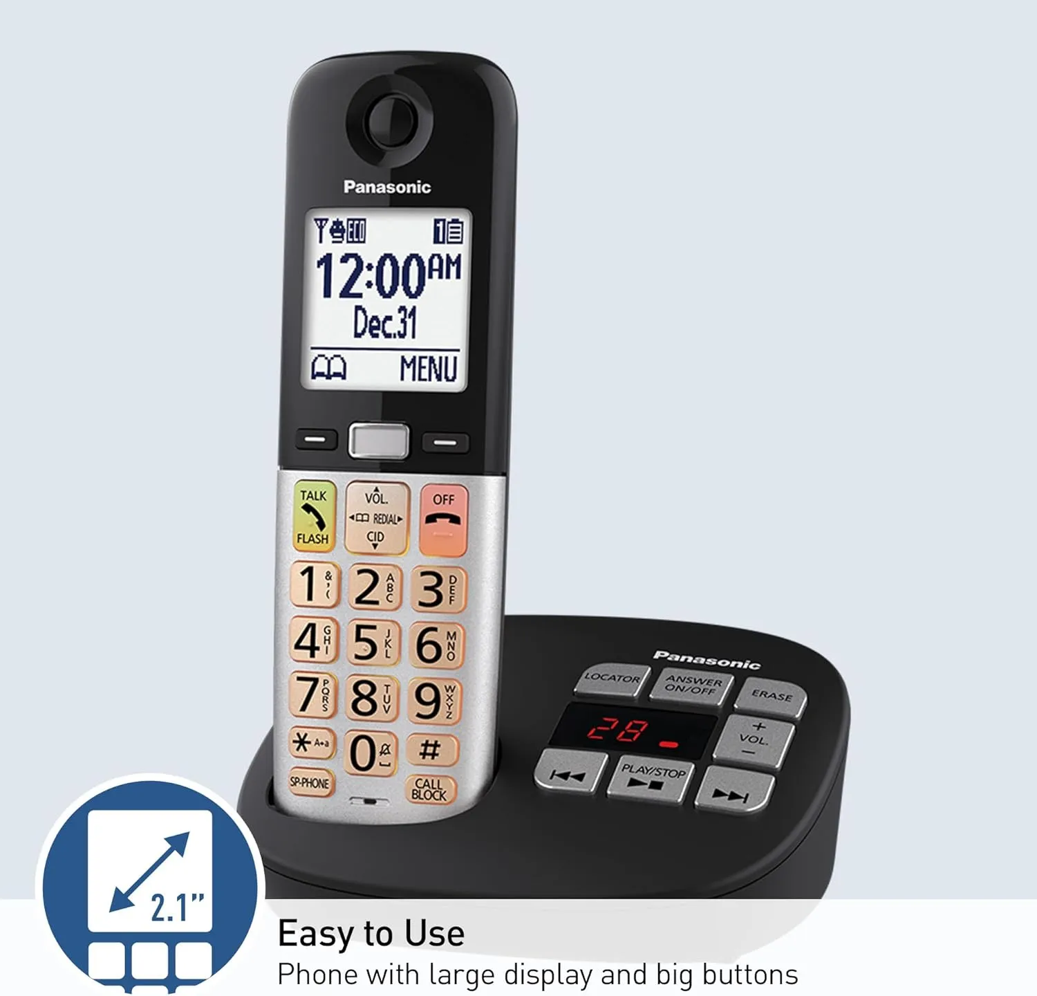 Panasonic Cordless Phone, Easy to Use with Large Display and Big Buttons, Flashing Favorites Key, Built in Flashlight, Call Block, Volume Boost, Talking Caller ID, 2 Cordless Handsets - KX-TGU433B