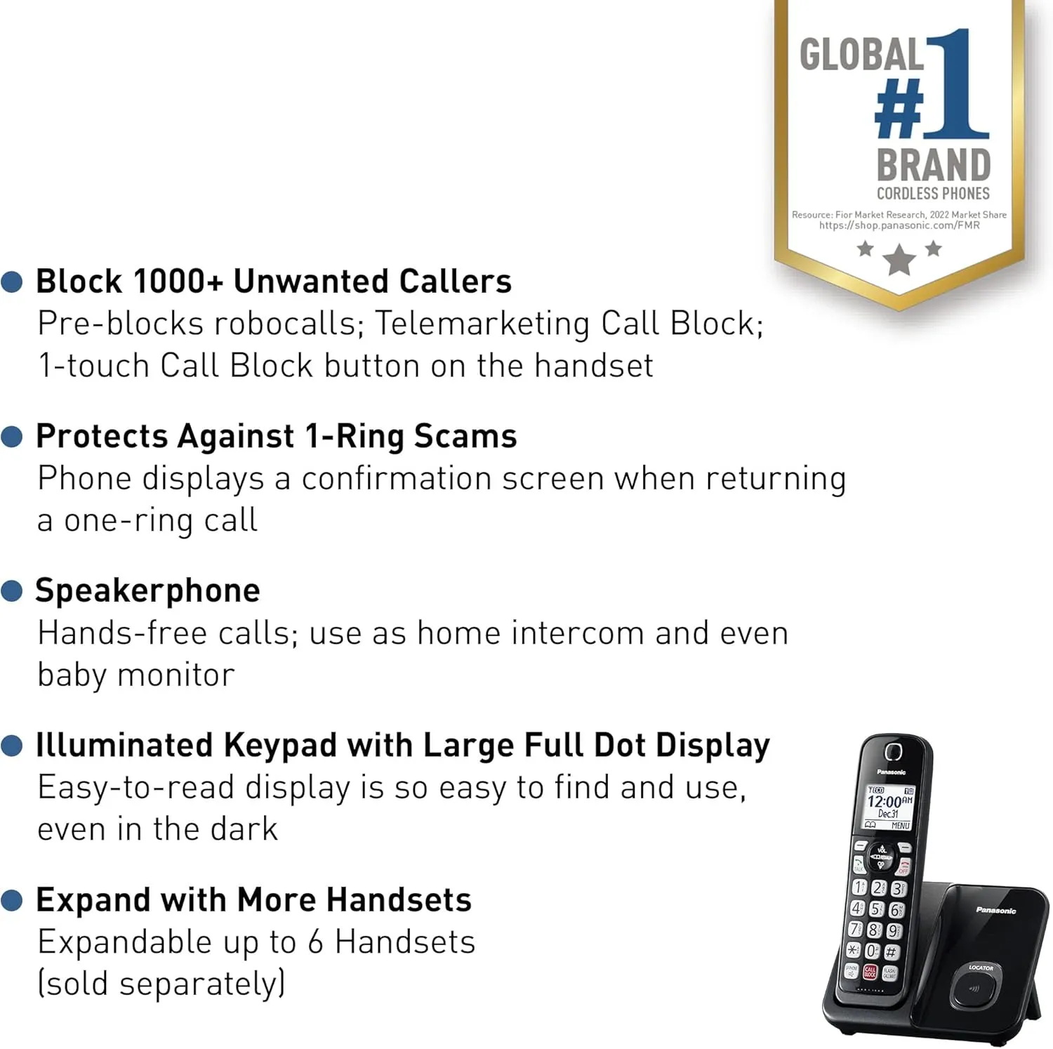 Panasonic Cordless Phone with Advanced Call Block, Bilingual Caller ID and Easy to Read Large High-Contrast Display, Expandable System with 1 Handset - KX-TGD810B (Black)