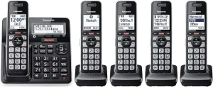Panasonic Cordless Phone with Advanced Call Block, Link2Cell Bluetooth, One-Ring Scam Alert, and 2-Way Recording with Answering Machine, 5 Handsets - KX-TGF975B (Black with Silver Trim)