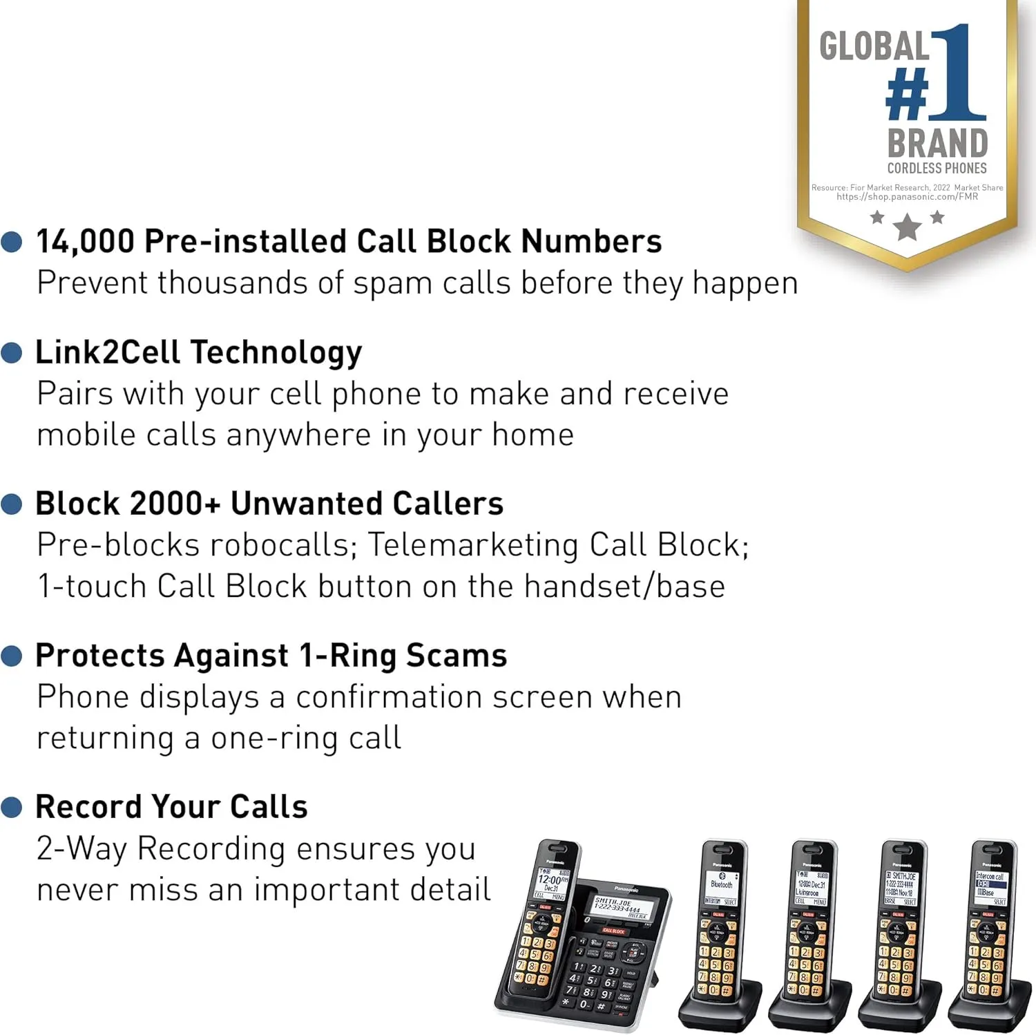 Panasonic Cordless Phone with Advanced Call Block, Link2Cell Bluetooth, One-Ring Scam Alert, and 2-Way Recording with Answering Machine, 5 Handsets - KX-TGF975B (Black with Silver Trim)