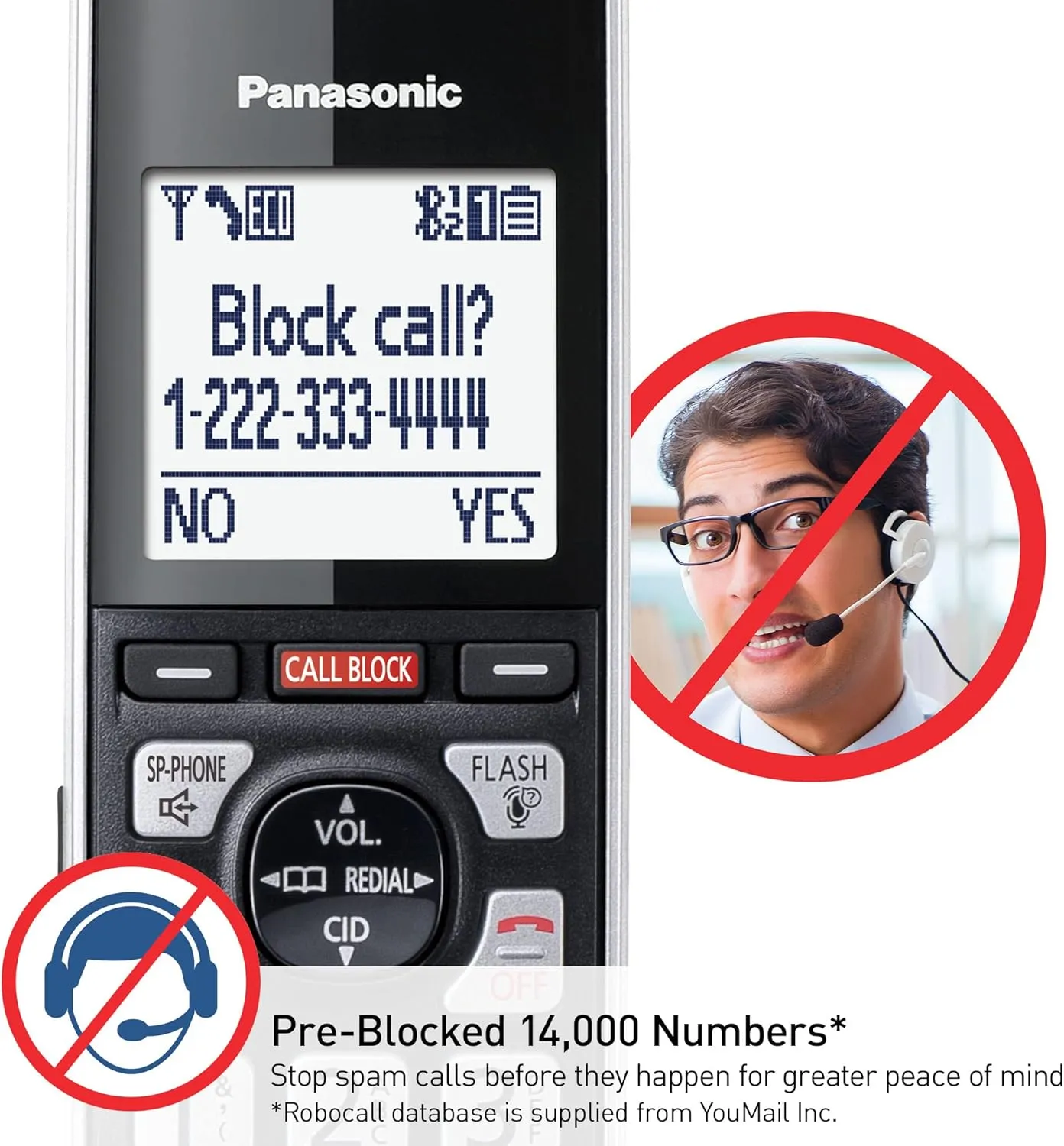 Panasonic Cordless Phone with Advanced Call Block, Link2Cell Bluetooth, One-Ring Scam Alert, and 2-Way Recording with Answering Machine, 5 Handsets - KX-TGF975B (Black with Silver Trim)