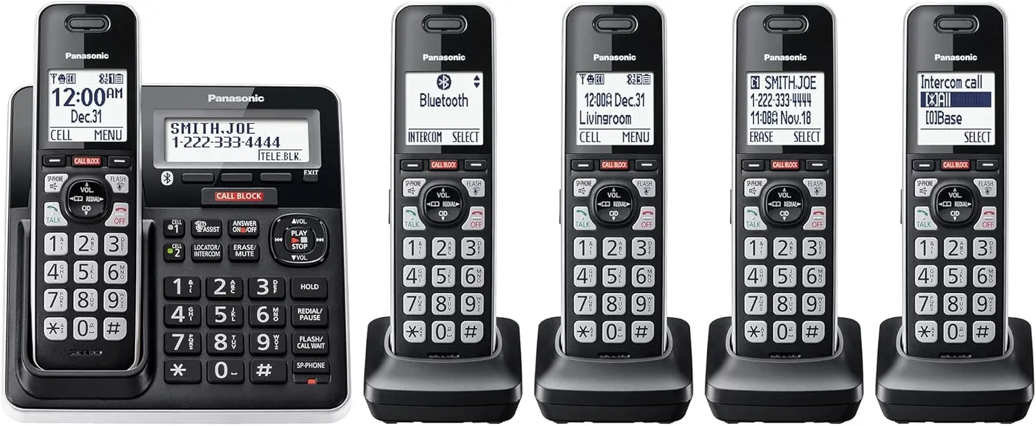 Panasonic Cordless Phone with Advanced Call Block, Link2Cell Bluetooth, One-Ring Scam Alert, and 2-Way Recording with Answering Machine, 5 Handsets - KX-TGF975B (Black with Silver Trim)