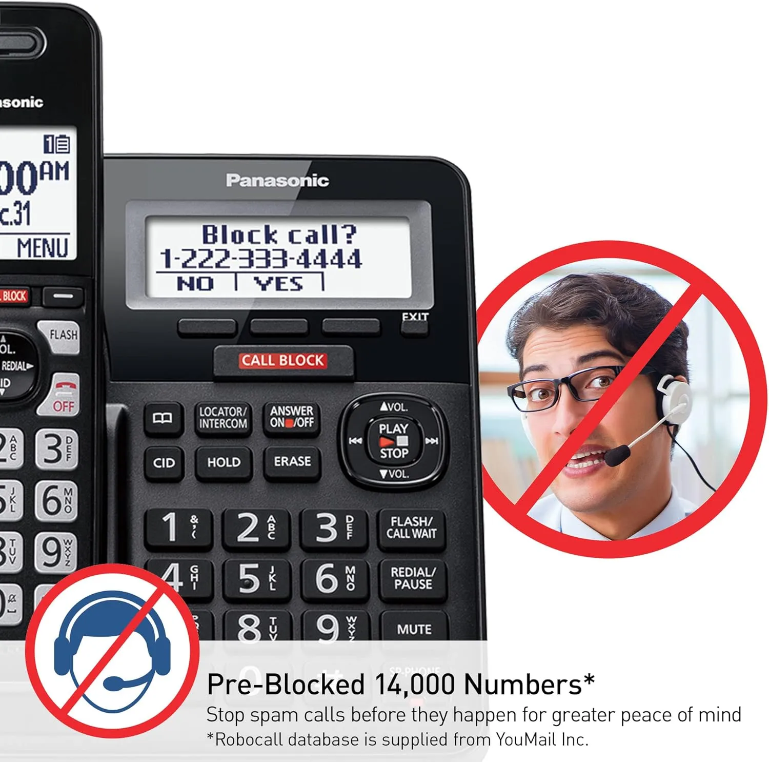 Panasonic Cordless Phone with Advanced Call Block, One-Ring Scam Alert, and 2-Way Recording with Answering Machine, 4 Handsets - KX-TGF944B (Black)