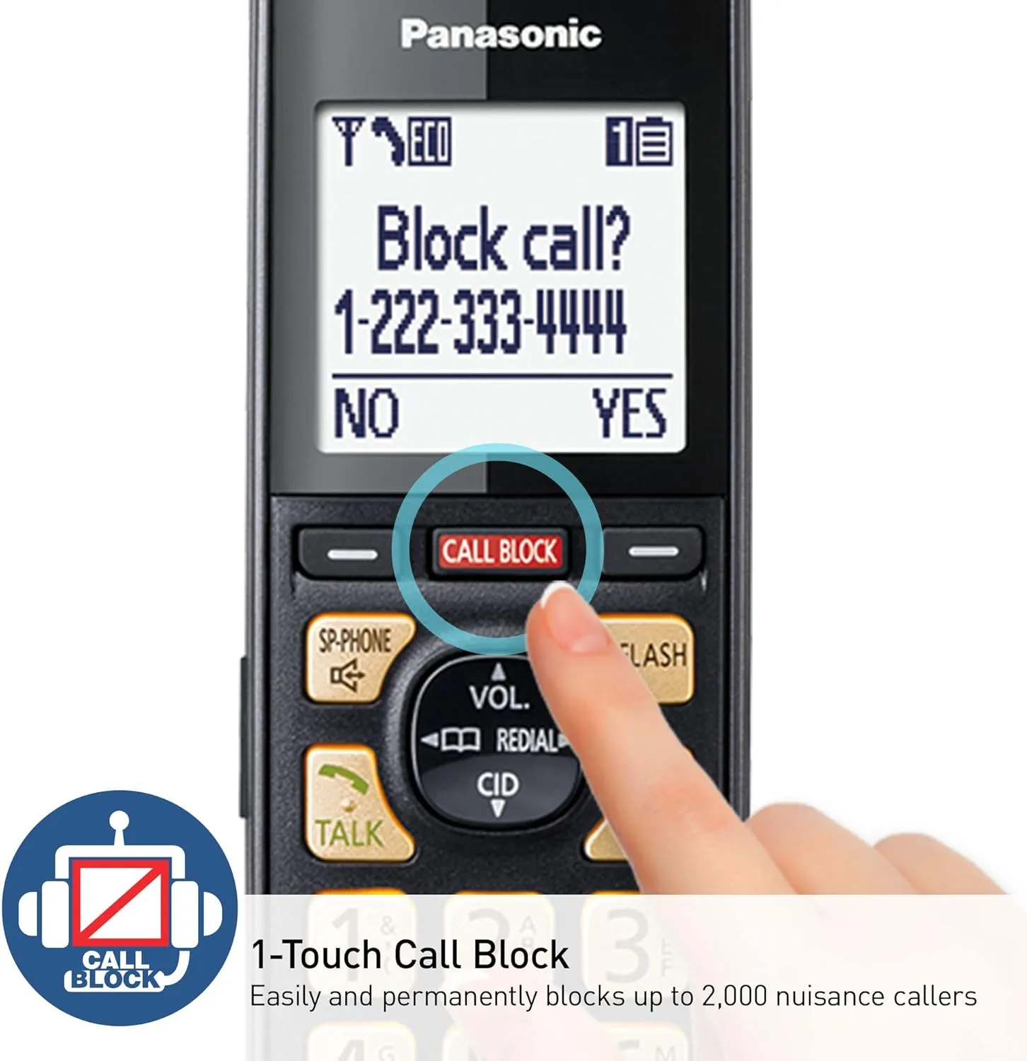 Panasonic Cordless Phone with Advanced Call Block, One-Ring Scam Alert, and 2-Way Recording with Answering Machine, 4 Handsets - KX-TGF944B (Black)