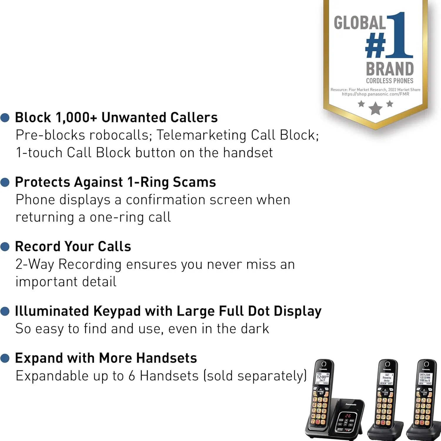 Panasonic Cordless Phone with Answering Machine, Advanced Call Block, Bilingual Caller ID and Easy to Read High-Contrast Display, Expandable System with 3 Handsets - KX-TGD833M (Metallic Black)