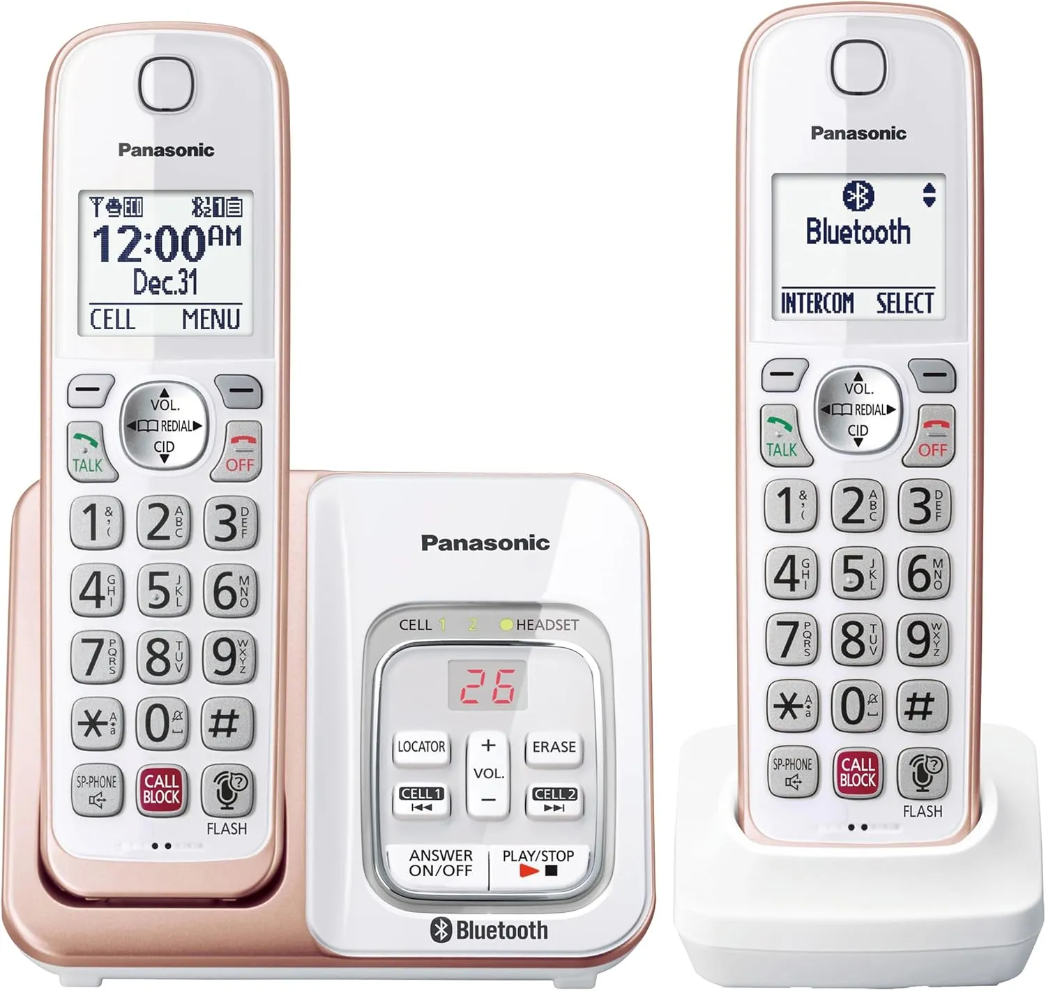 Panasonic Cordless Phone with Link2Cell Bluetooth, Voice Assistant, Answering Machine and Call Blocking, Expandable System with 2 Cordless Handsets - KX-TGD862G (Rose Gold)