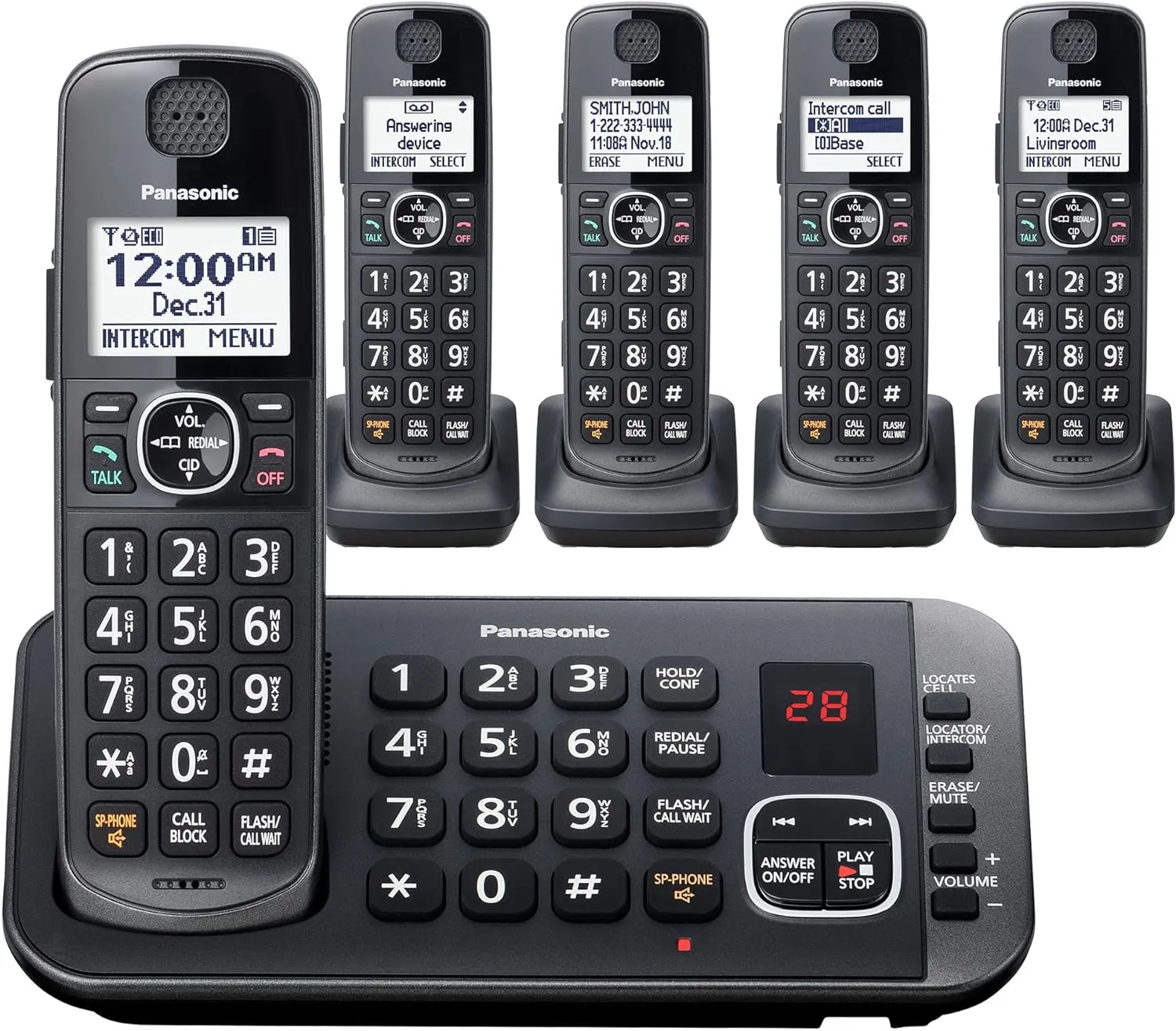 Panasonic DECT 6.0 Expandable Cordless Phone System with Answering Machine and Enhanced Noise Reduction - 5 Handsets - KX-TGE645M (Metallic Black)