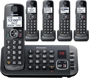 Panasonic DECT 6.0 Expandable Cordless Phone System with Answering Machine and Enhanced Noise Reduction - 5 Handsets - KX-TGE645M (Metallic Black)