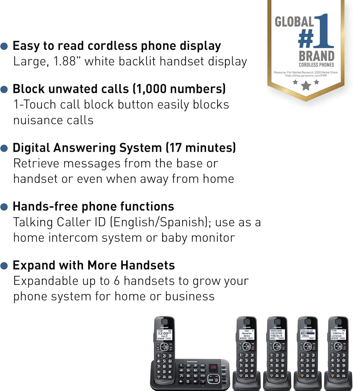 Panasonic DECT 6.0 Expandable Cordless Phone System with Answering Machine and Enhanced Noise Reduction - 5 Handsets - KX-TGE645M (Metallic Black)