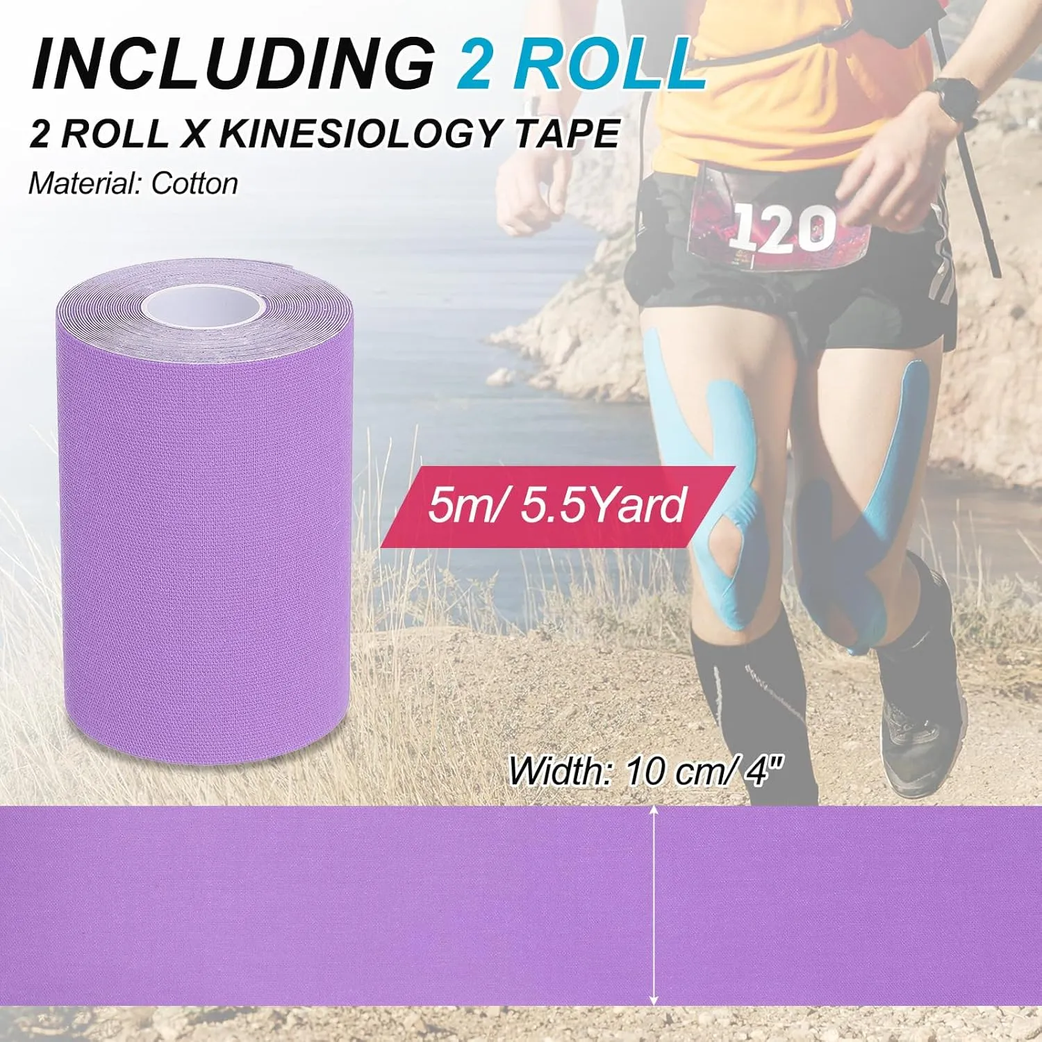 PATIKIL 16.4Ft x 4 Inch Kinesiology Tape, 2 Rolls Adhesive Cotton Sports Muscle Support Tapes Waterproof Elastic Tape for Knee Ankle Wrist Shoulder, Purple