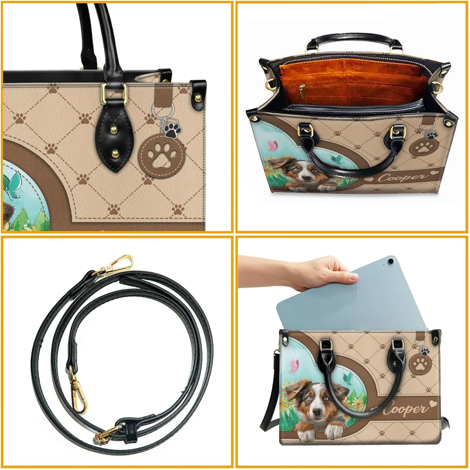 Personalized Australian Shepherd Dog Handbags, Custom Name Dog Leather Bags, Purses, Shoulder Bag, Gift For Dog Mom Dog Lover