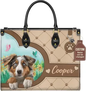 Personalized Australian Shepherd Dog Handbags, Custom Name Dog Leather Bags, Purses, Shoulder Bag, Gift For Dog Mom Dog Lover