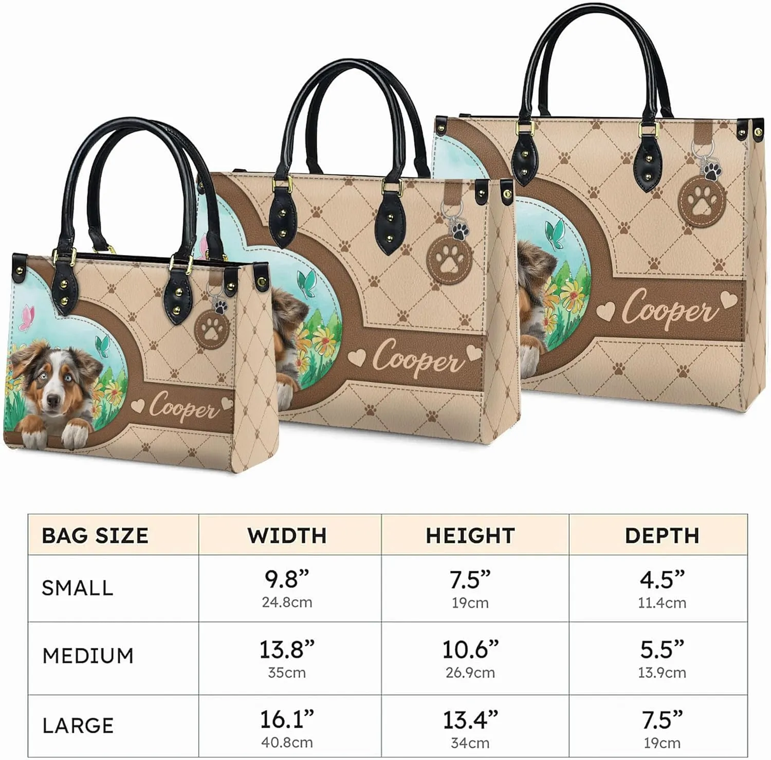 Personalized Australian Shepherd Dog Handbags, Custom Name Dog Leather Bags, Purses, Shoulder Bag, Gift For Dog Mom Dog Lover