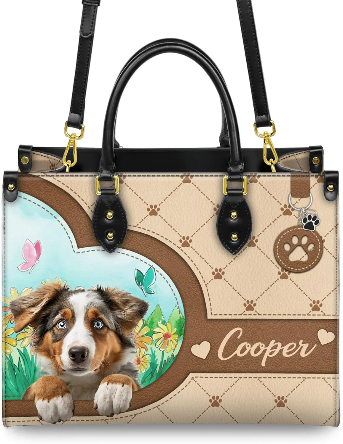 Personalized Australian Shepherd Dog Handbags, Custom Name Dog Leather Bags, Purses, Shoulder Bag, Gift For Dog Mom Dog Lover
