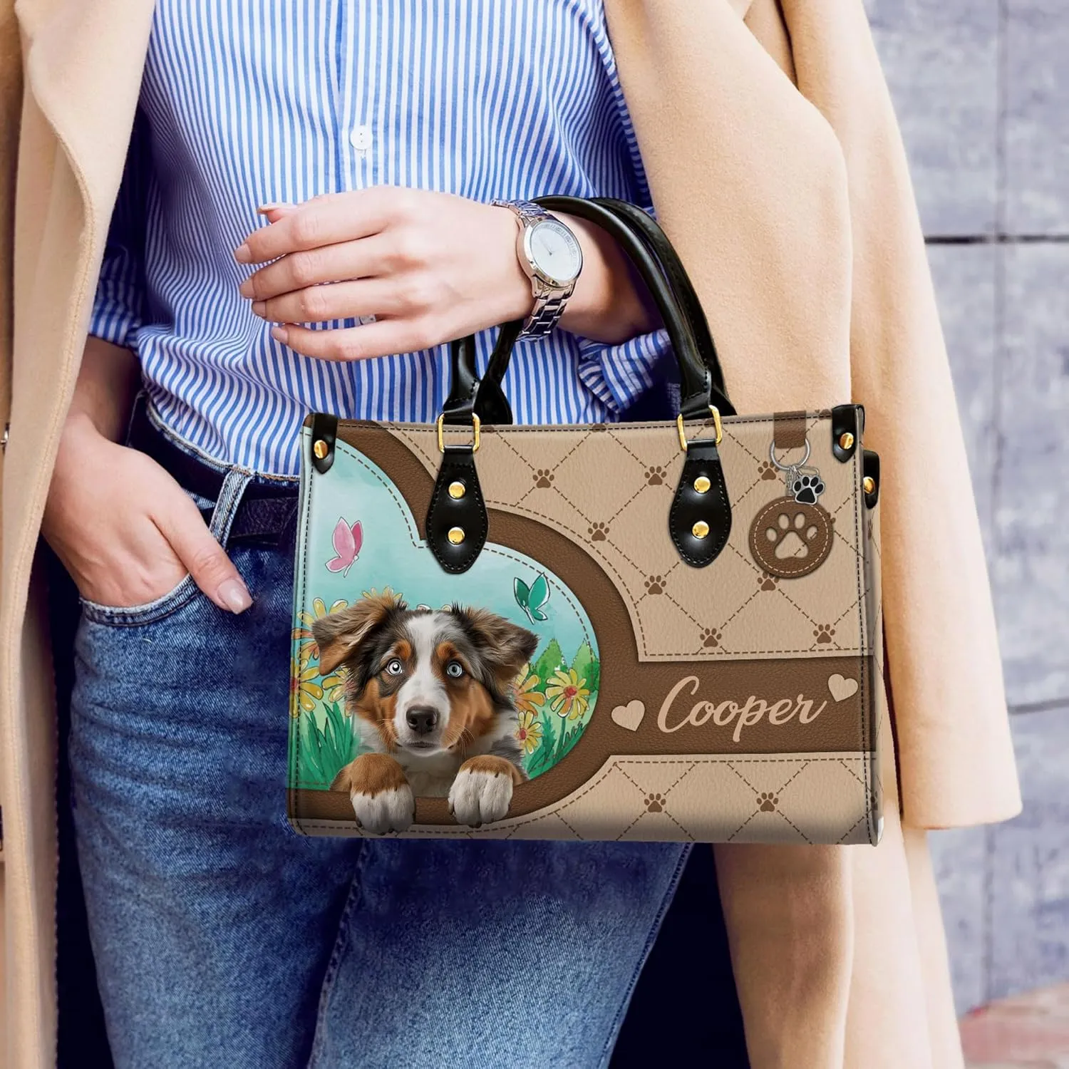 Personalized Australian Shepherd Dog Handbags, Custom Name Dog Leather Bags, Purses, Shoulder Bag, Gift For Dog Mom Dog Lover