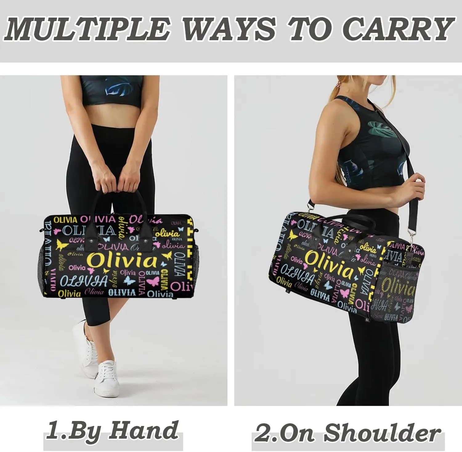 Personalized Butterfly Duffel Bag with Name Custom Travel Sports Bag for Women Men Waterproof Dance Ballet Bag Lightweight 17.4in, Black