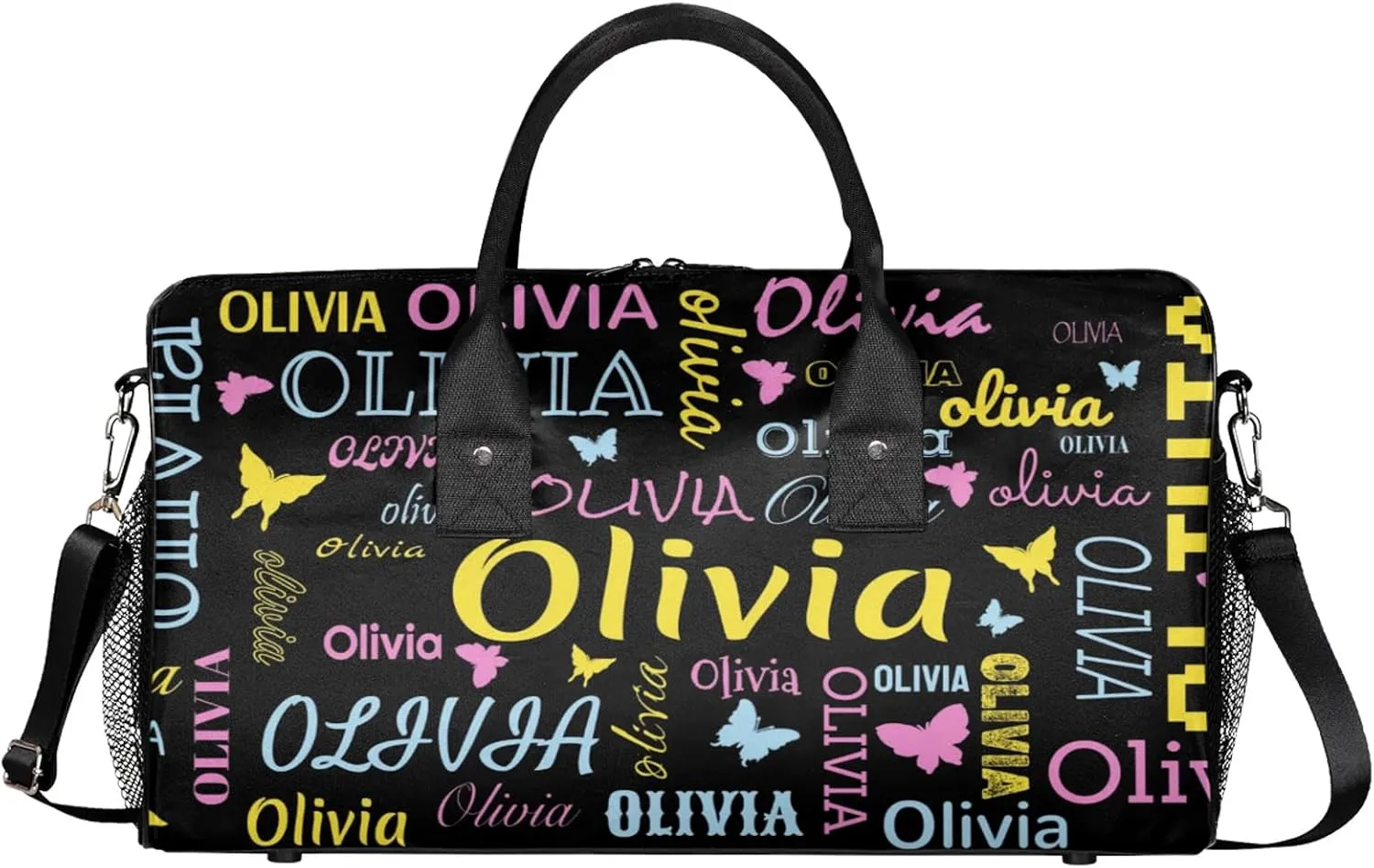 Personalized Butterfly Duffel Bag with Name Custom Travel Sports Bag for Women Men Waterproof Dance Ballet Bag Lightweight 17.4in, Black