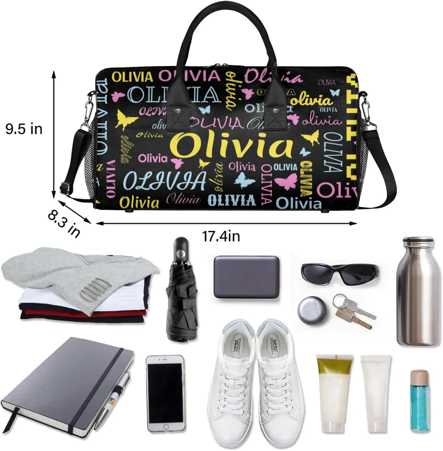 Personalized Butterfly Duffel Bag with Name Custom Travel Sports Bag for Women Men Waterproof Dance Ballet Bag Lightweight 17.4in, Black