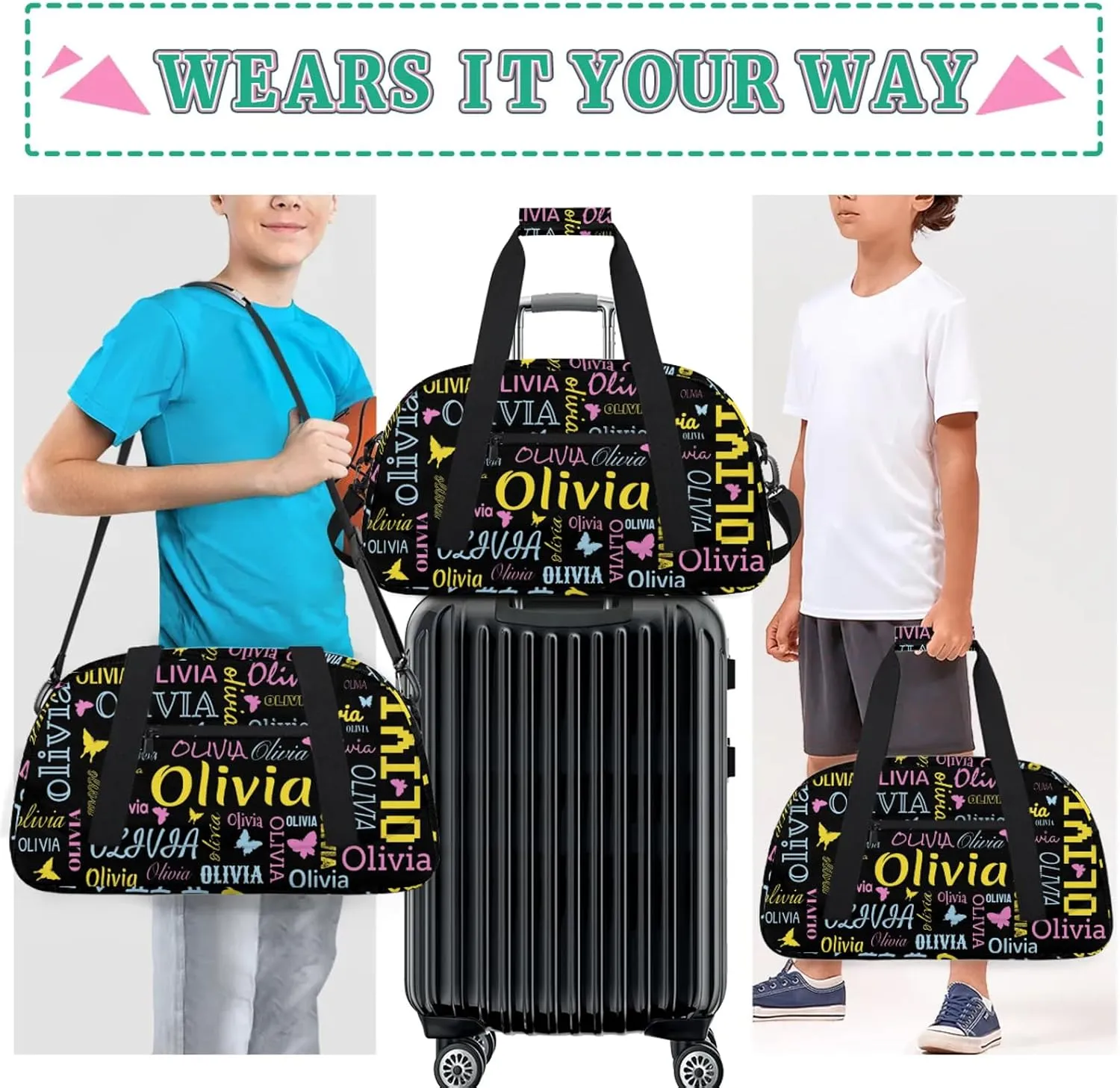 Personalized Butterfly Duffel Bag with Name Custom Travel Sports Bag for Women Men Waterproof Dance Ballet Bag Lightweight 18.9in, Black
