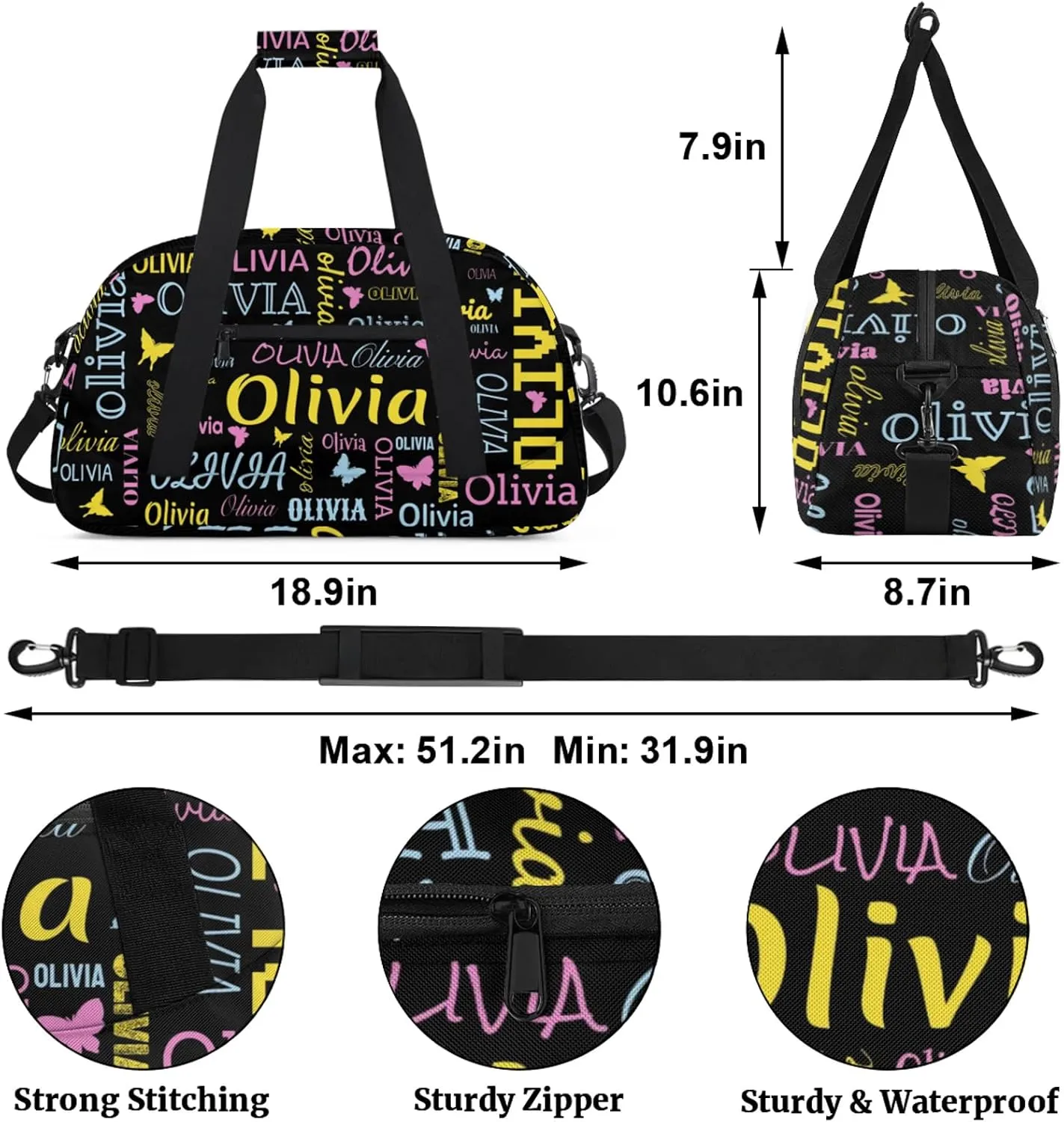 Personalized Butterfly Duffel Bag with Name Custom Travel Sports Bag for Women Men Waterproof Dance Ballet Bag Lightweight 18.9in, Black
