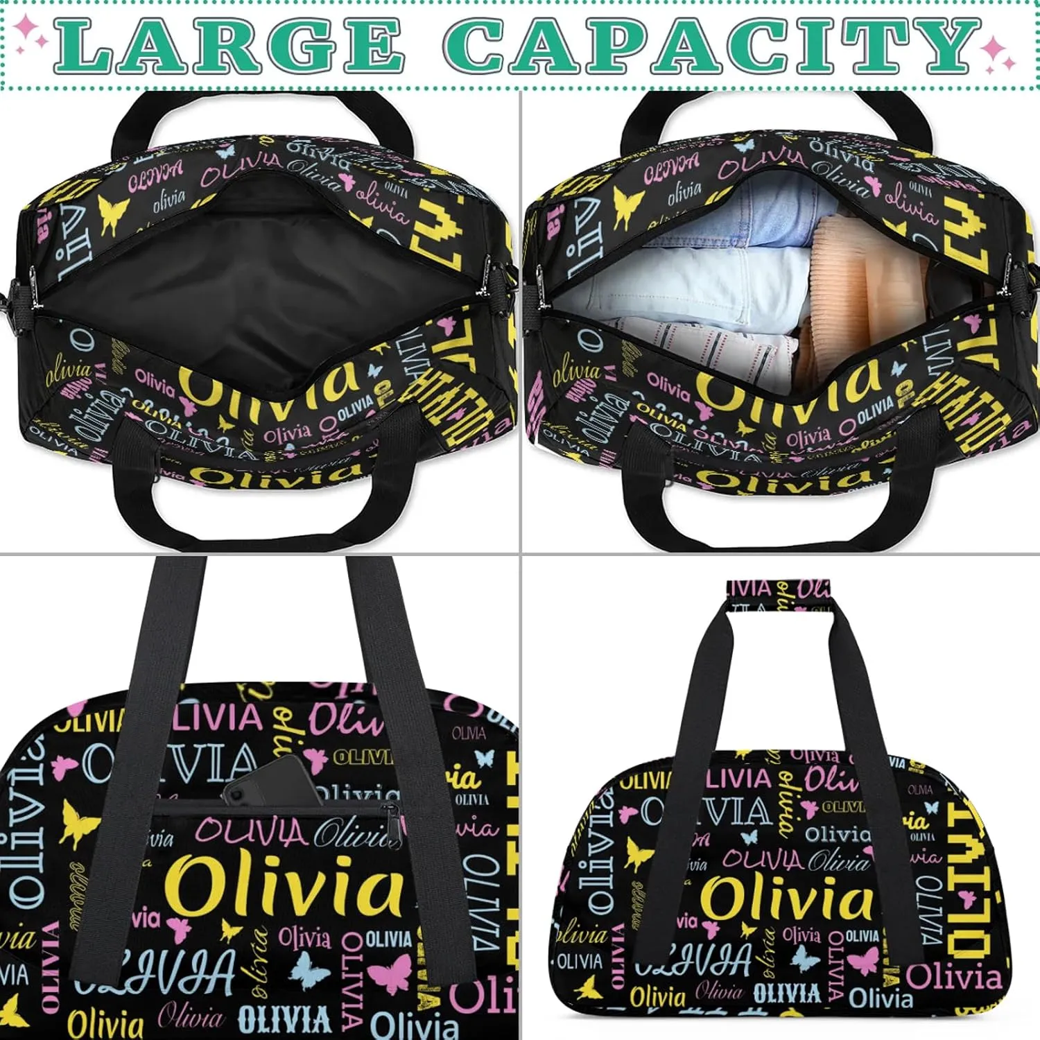 Personalized Butterfly Duffel Bag with Name Custom Travel Sports Bag for Women Men Waterproof Dance Ballet Bag Lightweight 18.9in, Black