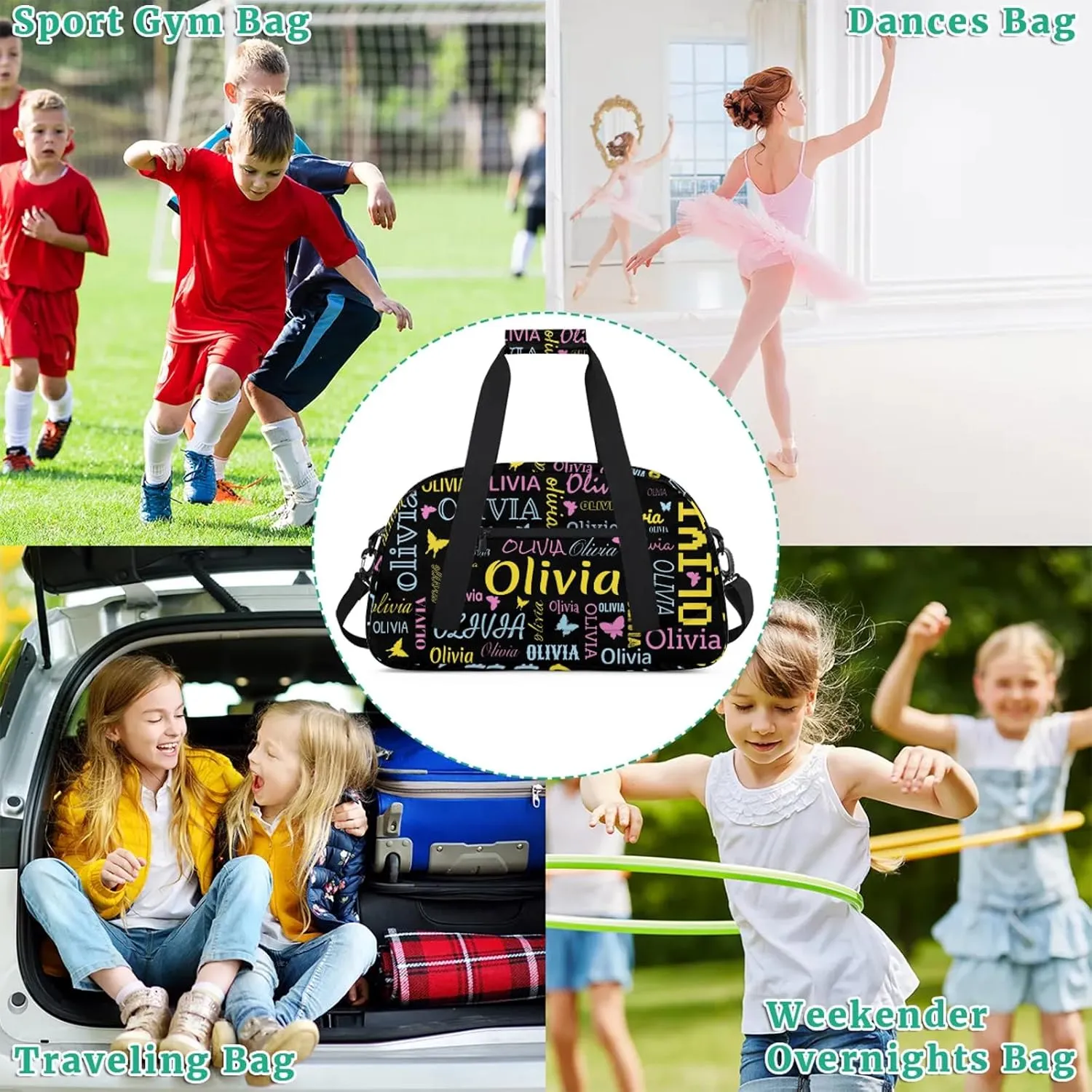 Personalized Butterfly Duffel Bag with Name Custom Travel Sports Bag for Women Men Waterproof Dance Ballet Bag Lightweight 18.9in, Black