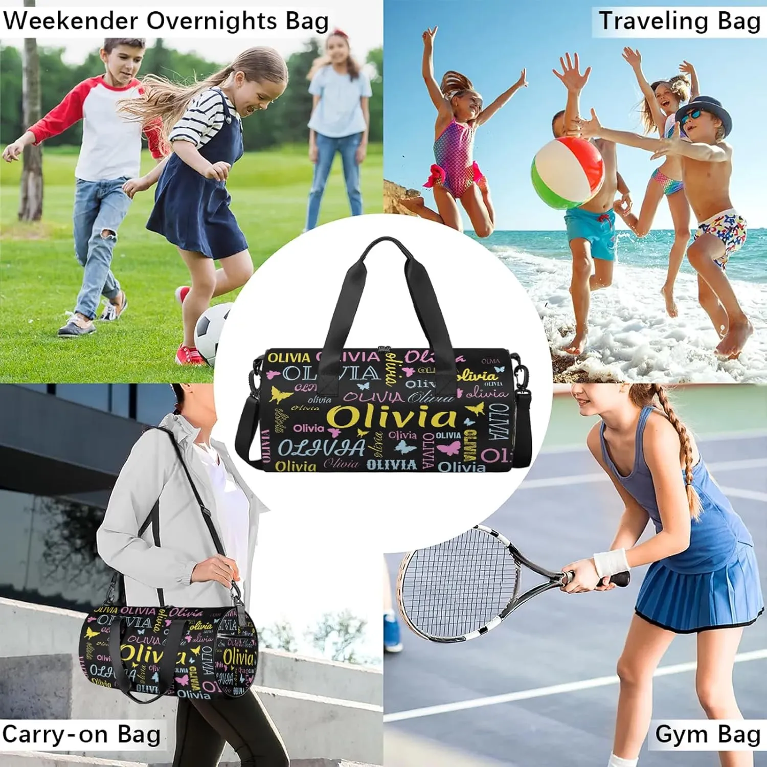 Personalized Butterfly Duffel Bag with Name Round Custom Travel Sports Bag for Women Men Waterproof Dance Ballet Bag Lightweight 17.6in, Black